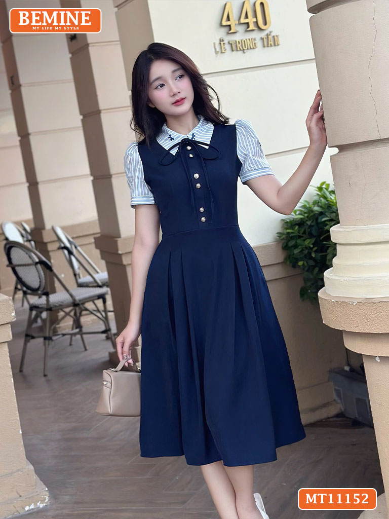 Đầm thiết kế BEMINE cổ phối sọc đính nơ MT11152