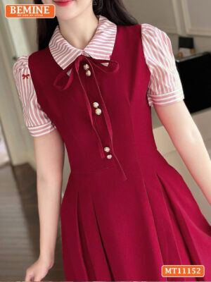 Đầm thiết kế BEMINE cổ phối sọc đính nơ MT11152
