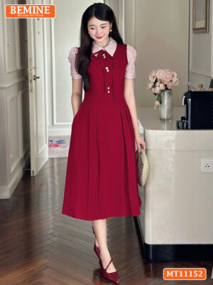 Đầm thiết kế BEMINE cổ phối sọc đính nơ MT11152