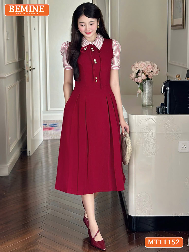 Đầm thiết kế BEMINE cổ phối sọc đính nơ MT11152