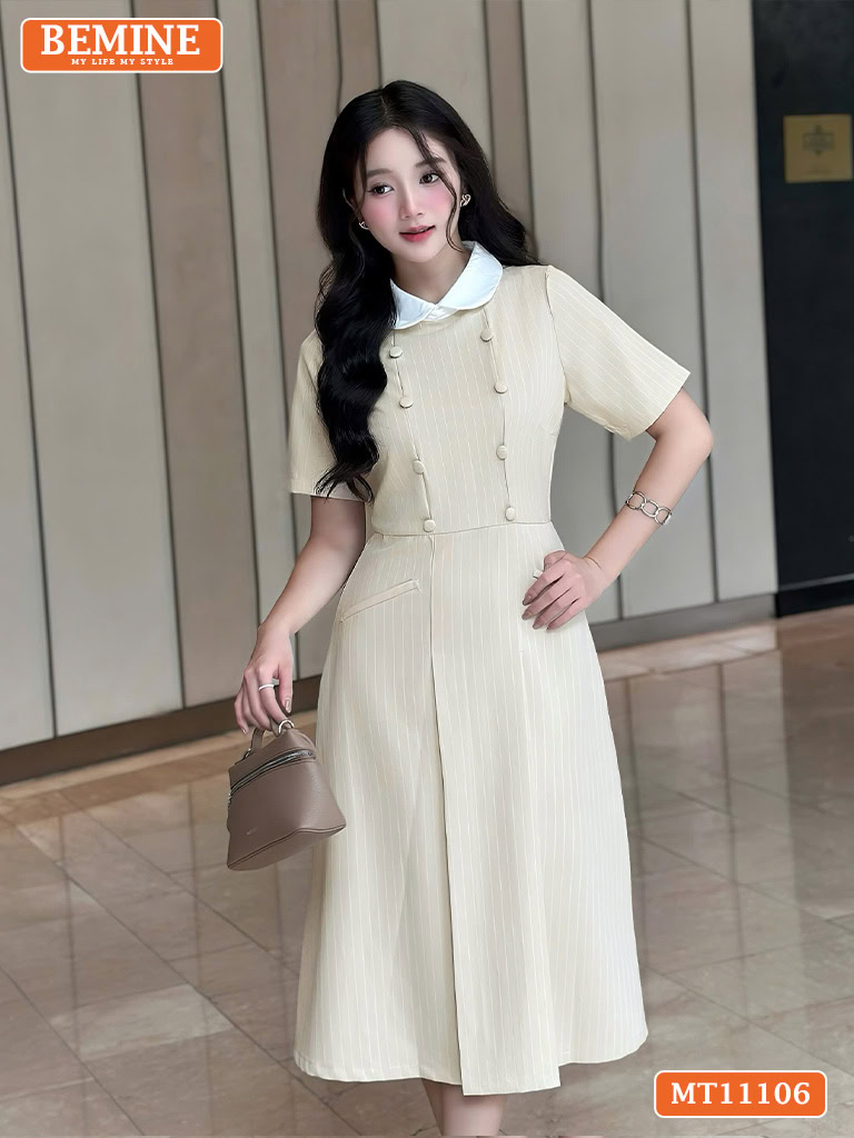 Đầm thiết kế BEMINE cổ sen đính cúc kẻ sọc MT11106