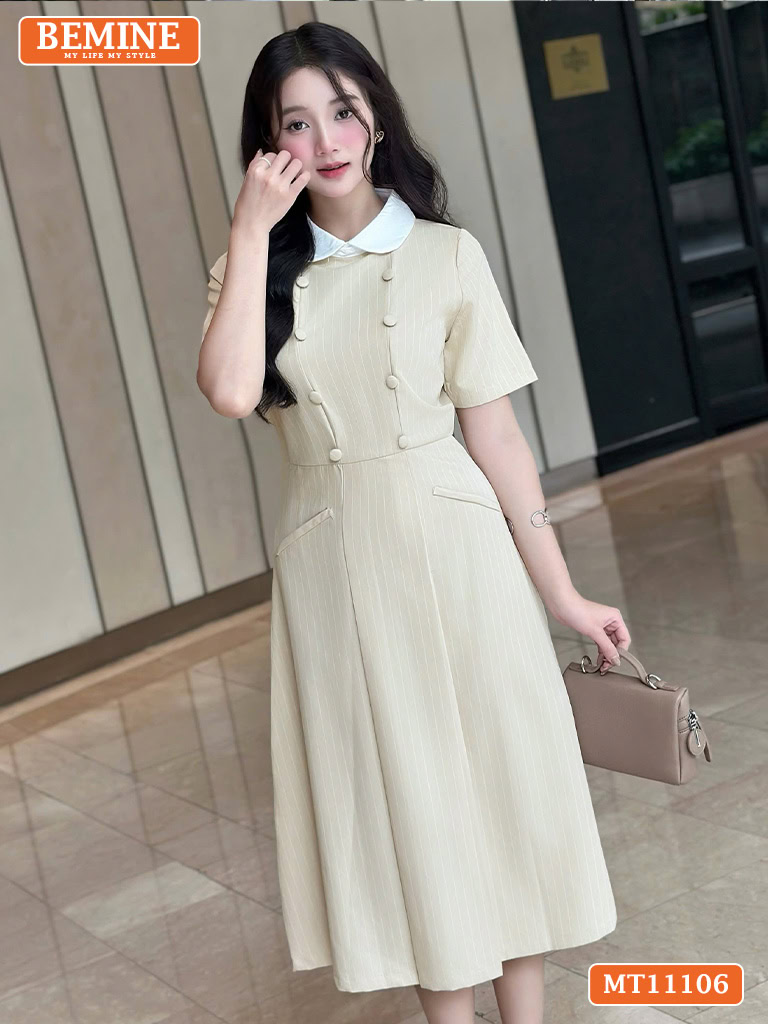 Đầm thiết kế BEMINE cổ sen đính cúc kẻ sọc MT11106