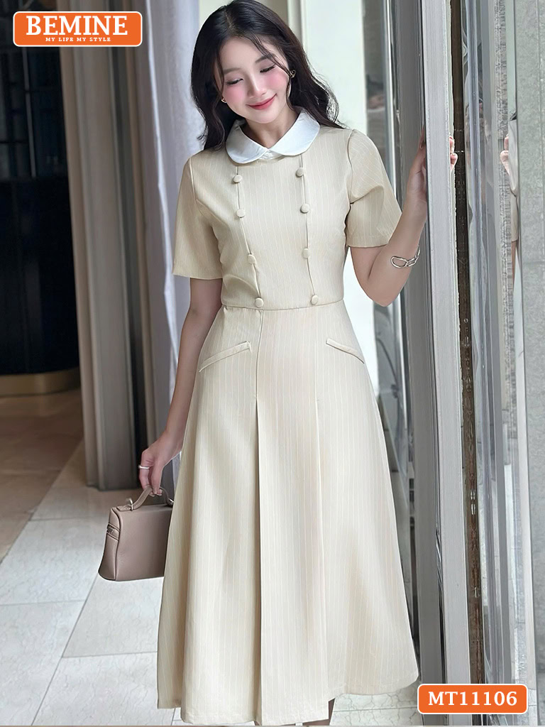 Đầm thiết kế BEMINE cổ sen đính cúc kẻ sọc MT11106