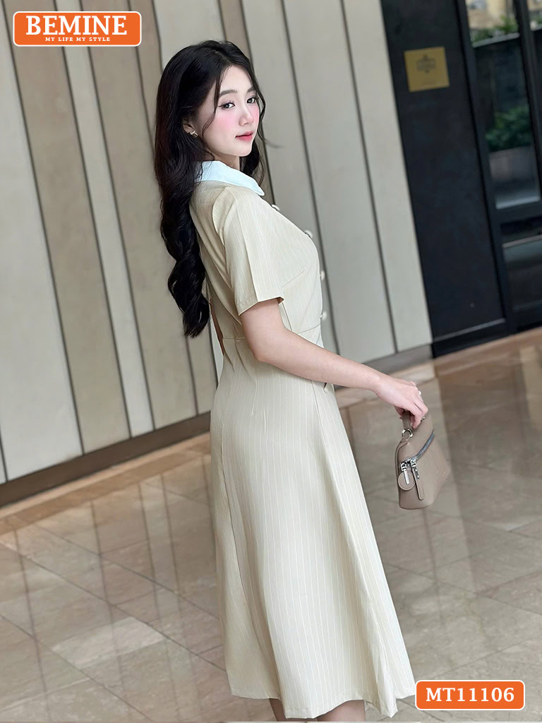 Đầm thiết kế BEMINE cổ sen đính cúc kẻ sọc MT11106