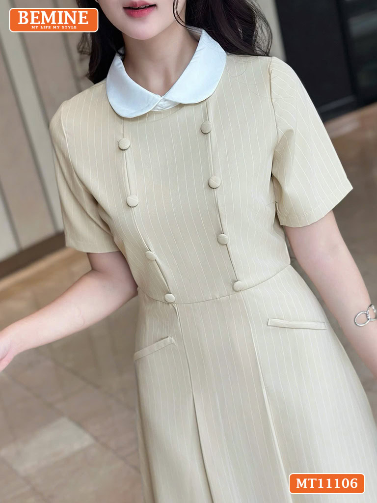 Đầm thiết kế BEMINE cổ sen đính cúc kẻ sọc MT11106