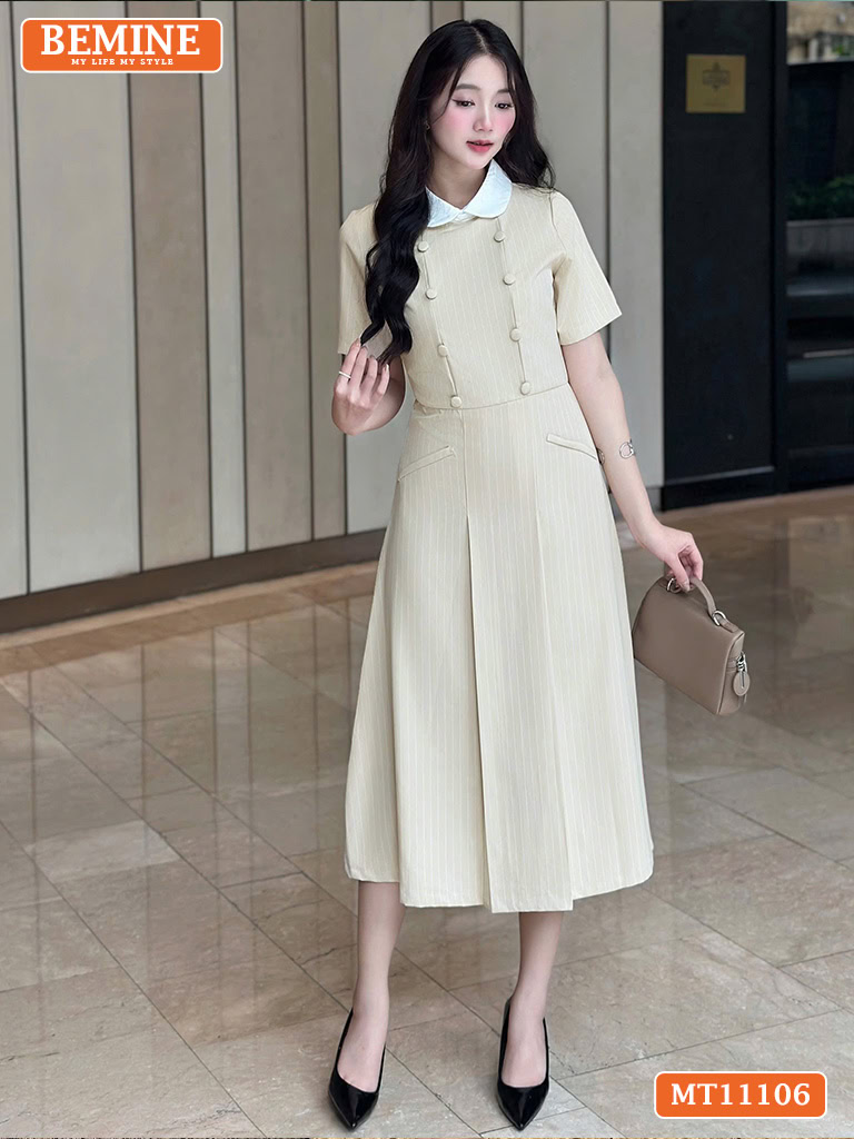 Đầm thiết kế BEMINE cổ sen đính cúc kẻ sọc MT11106