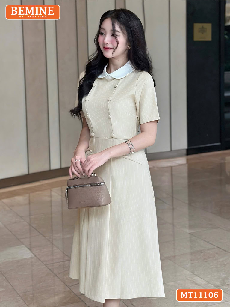 Đầm thiết kế BEMINE cổ sen đính cúc kẻ sọc MT11106