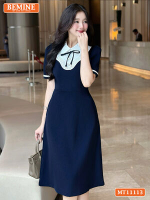 Đầm thiết kế BEMINE cổ sen phối gợn sống MT11113