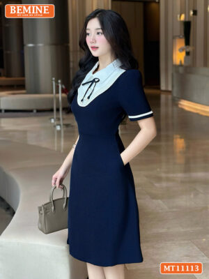 Đầm thiết kế BEMINE cổ sen phối gợn sống MT11113