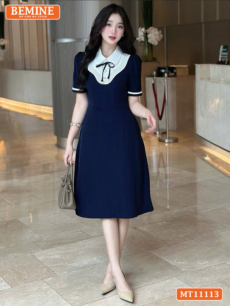 Đầm thiết kế BEMINE cổ sen phối gợn sống MT11113
