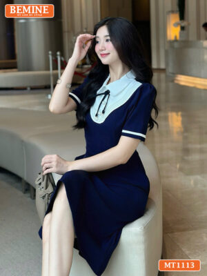 Đầm thiết kế BEMINE cổ sen phối gợn sống MT11113