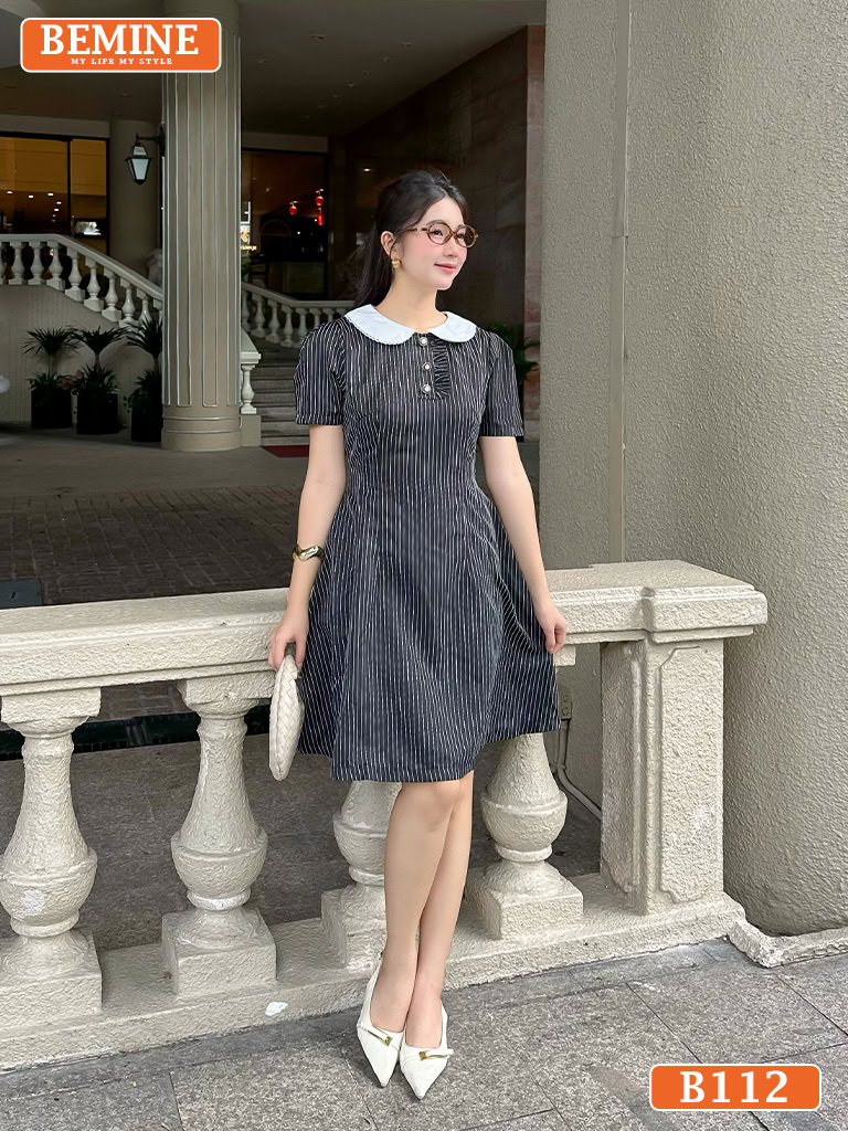 Đầm thiết kế BEMINE cổ sen phối sọc tùng váy B122