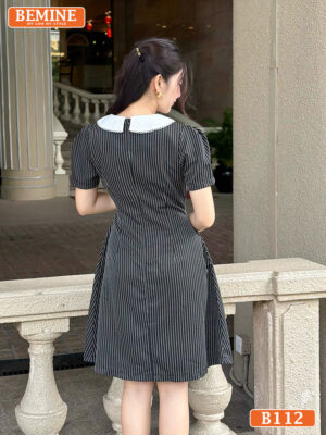 Đầm thiết kế BEMINE cổ sen phối sọc tùng váy B122