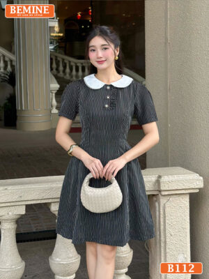 Đầm thiết kế BEMINE cổ sen phối sọc tùng váy B112