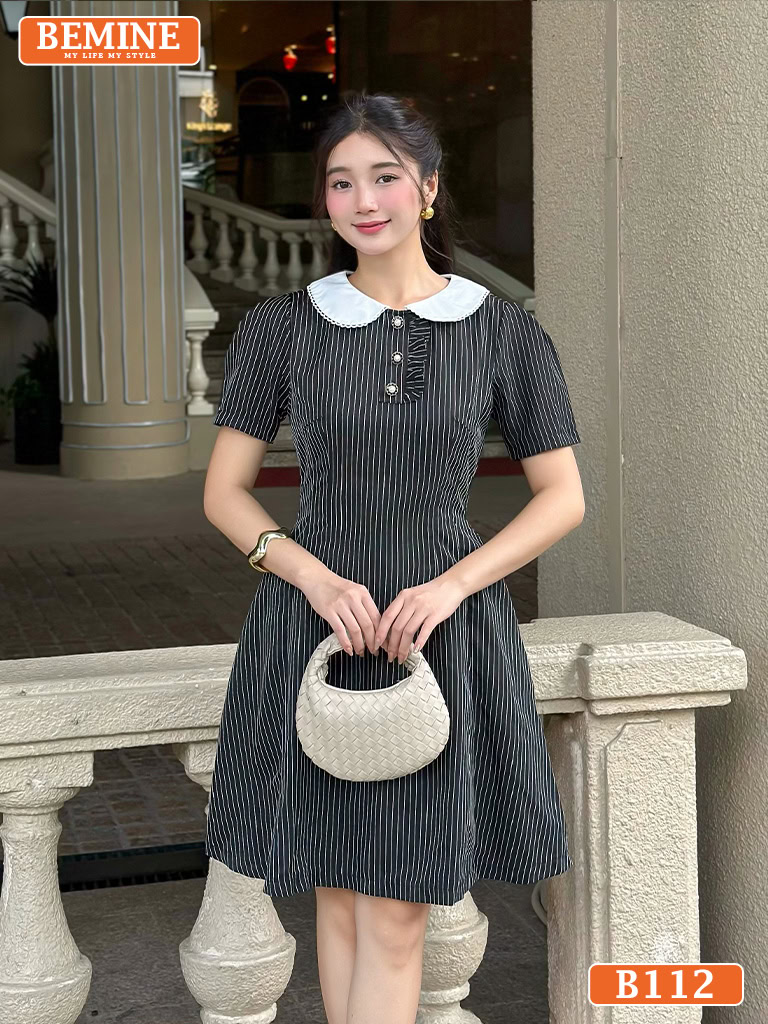Đầm thiết kế BEMINE cổ sen phối sọc tùng váy B112
