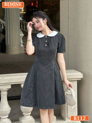 Đầm thiết kế BEMINE cổ sen phối sọc tùng váy B122