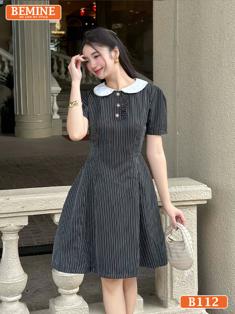 Đầm thiết kế BEMINE cổ sen phối sọc tùng váy B122