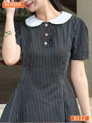 Đầm thiết kế BEMINE cổ sen phối sọc tùng váy B122