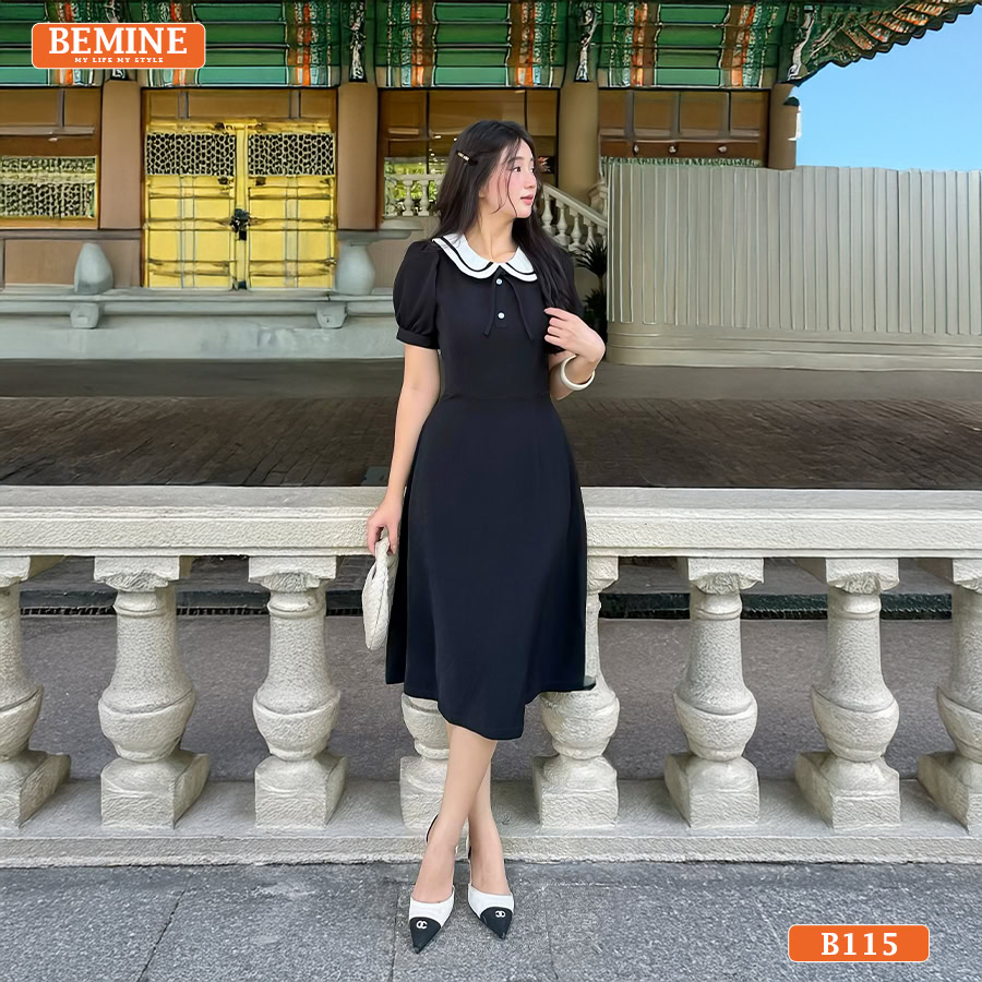 Đầm thiết kế BEMINE cổ sen phối viền đính nơ B115