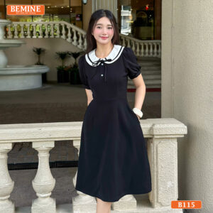 Đầm thiết kế BEMINE cổ sen phối viền đính nơ B115