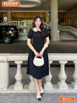 Đầm thiết kế BEMINE cổ sen phối viền đính nơ B115