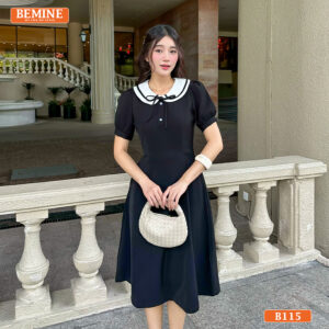 Đầm thiết kế BEMINE cổ sen phối viền đính nơ B115