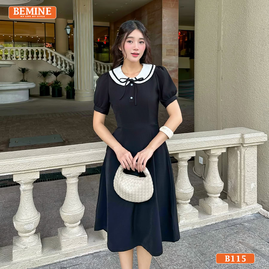 Đầm thiết kế BEMINE cổ sen phối viền đính nơ B115