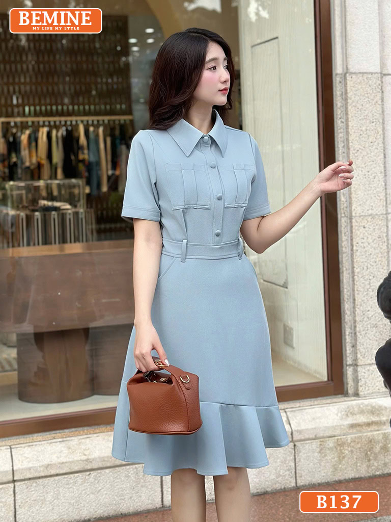 Đầm thiết kế BEMINE cổ sơ mi đính cúc B137