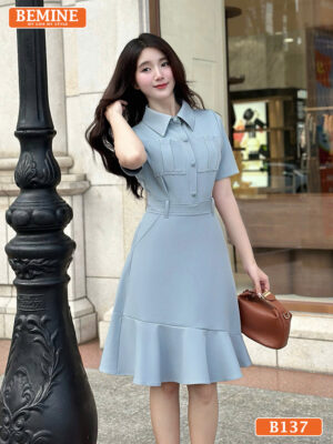 Đầm thiết kế BEMINE cổ sơ mi đính cúc B137