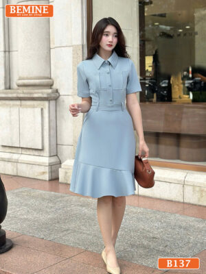 Đầm thiết kế BEMINE cổ sơ mi đính cúc B137