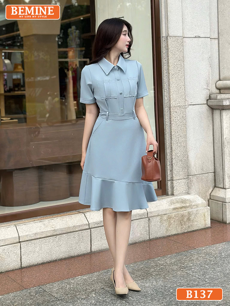 Đầm thiết kế BEMINE cổ sơ mi đính cúc B137