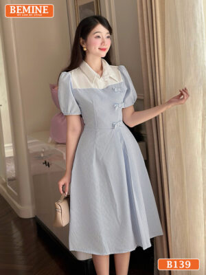 Đầm thiết kế BEMINE cổ sơ mi đính nơ sọc B139