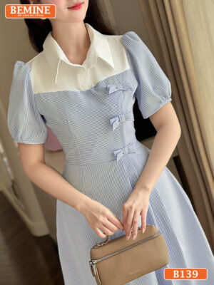 Đầm thiết kế BEMINE cổ sơ mi đính nơ sọc B139