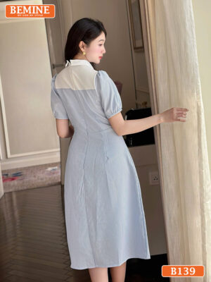 Đầm thiết kế BEMINE cổ sơ mi đính nơ sọc B139