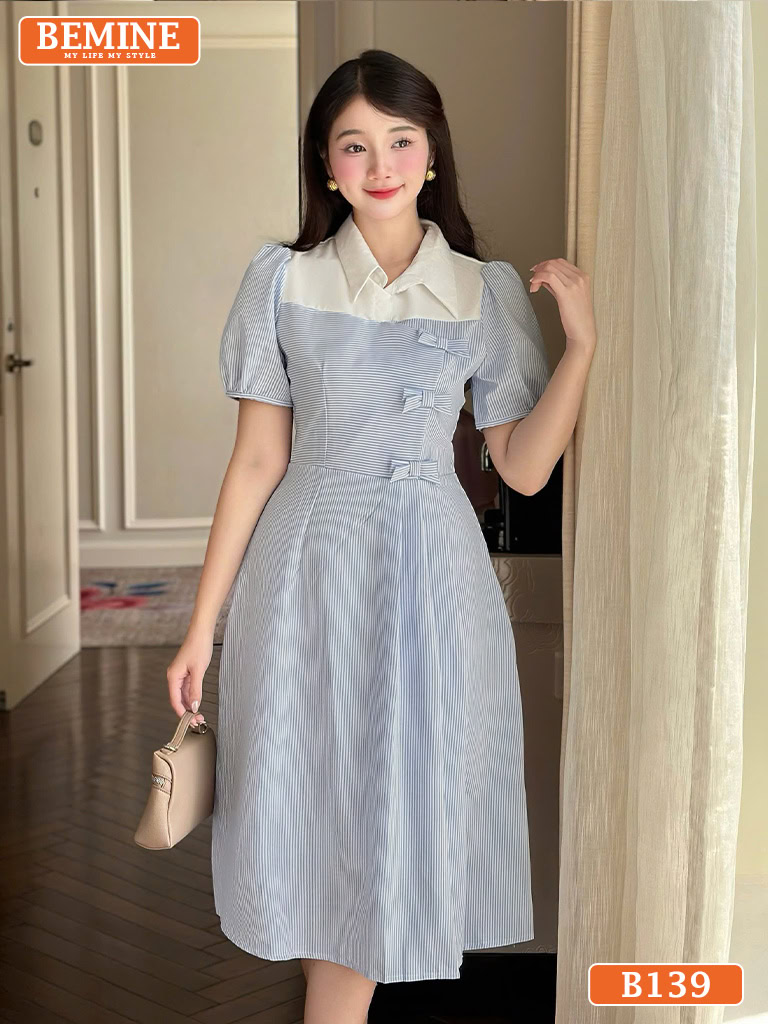 Đầm thiết kế BEMINE cổ sơ mi đính nơ sọc B139
