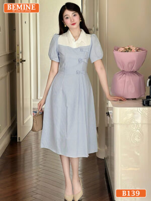 Đầm thiết kế BEMINE cổ sơ mi đính nơ sọc B139