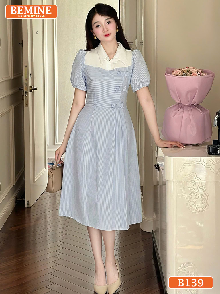 Đầm thiết kế BEMINE cổ sơ mi đính nơ sọc B139
