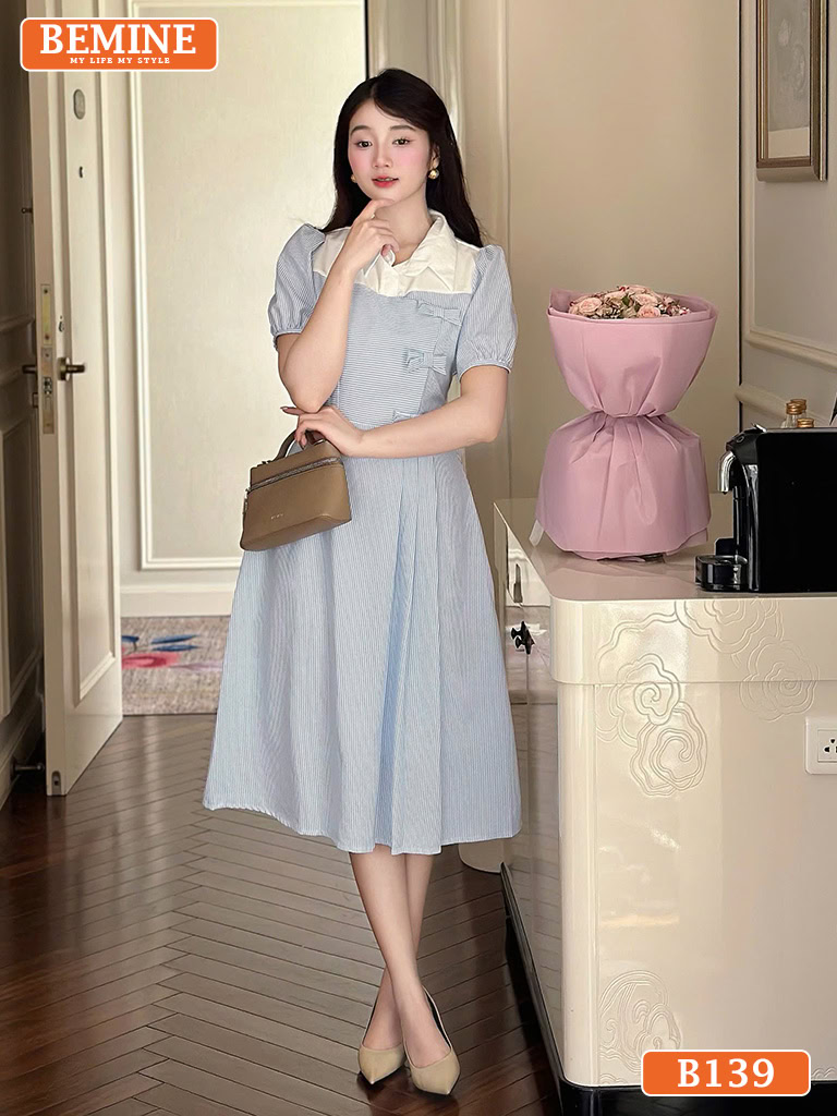 Đầm thiết kế BEMINE cổ sơ mi đính nơ sọc B139