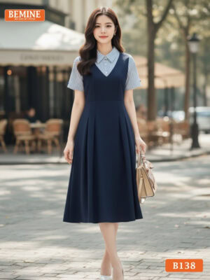 Đầm thiết kế BEMINE cổ sơ mi giả yếm phối B138