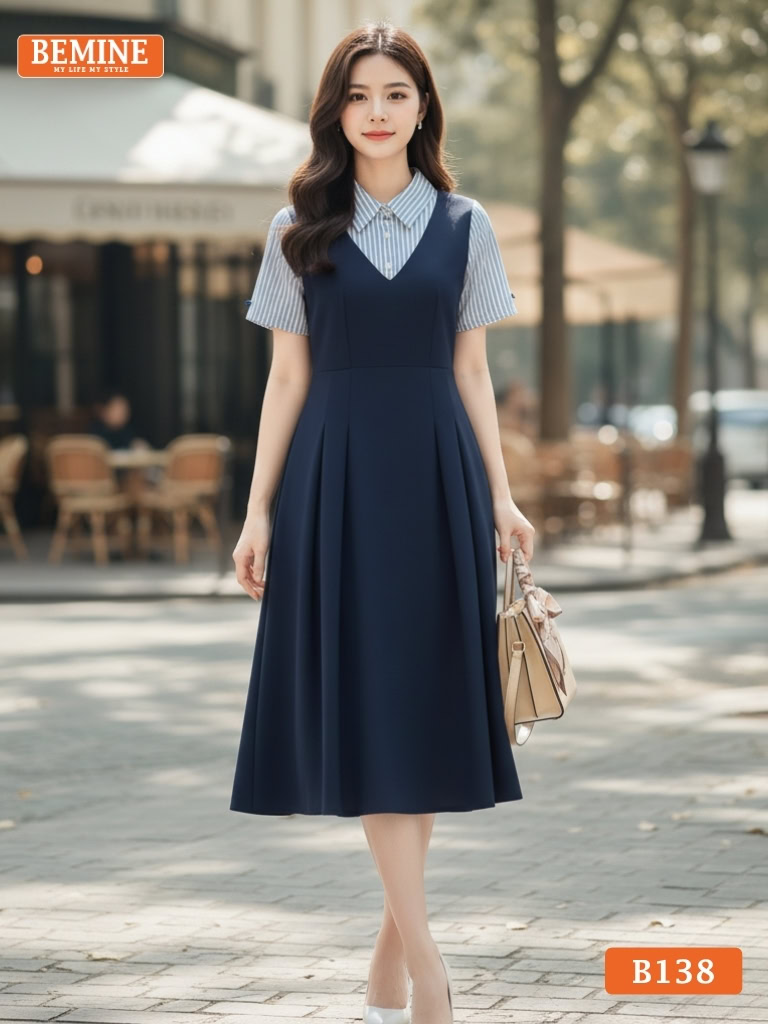 Đầm thiết kế BEMINE cổ sơ mi giả yếm phối B138