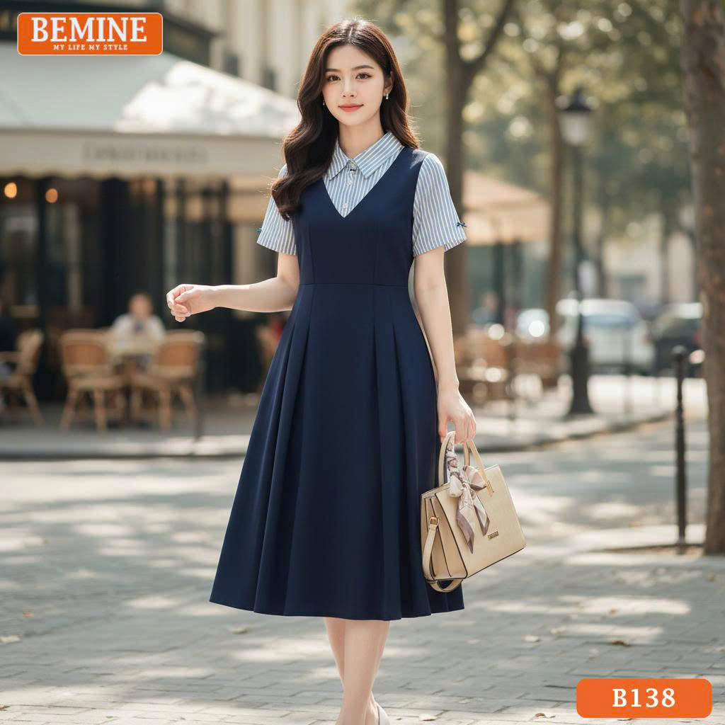 Đầm thiết kế BEMINE cổ sơ mi giả yếm phối B138