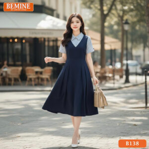 Đầm thiết kế BEMINE cổ sơ mi giả yếm phối B138