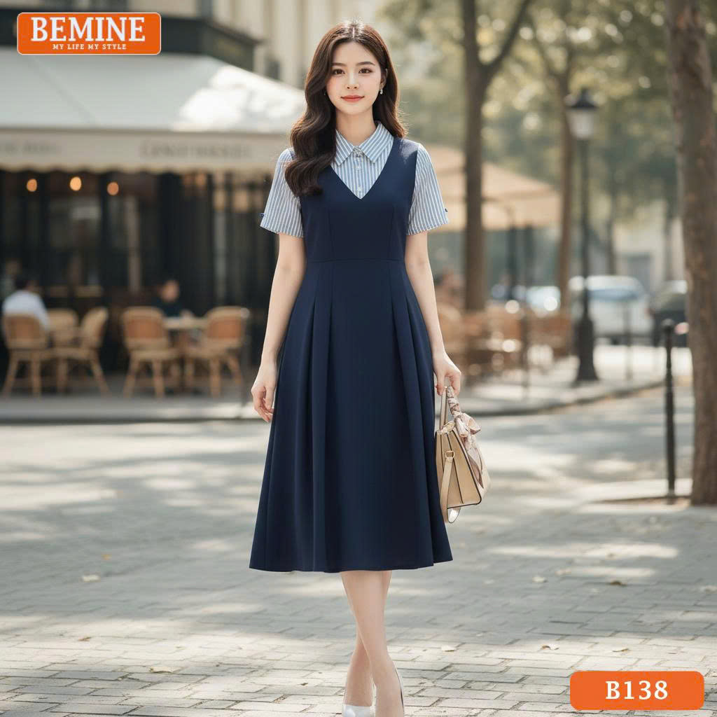 Đầm thiết kế BEMINE cổ sơ mi giả yếm phối B138