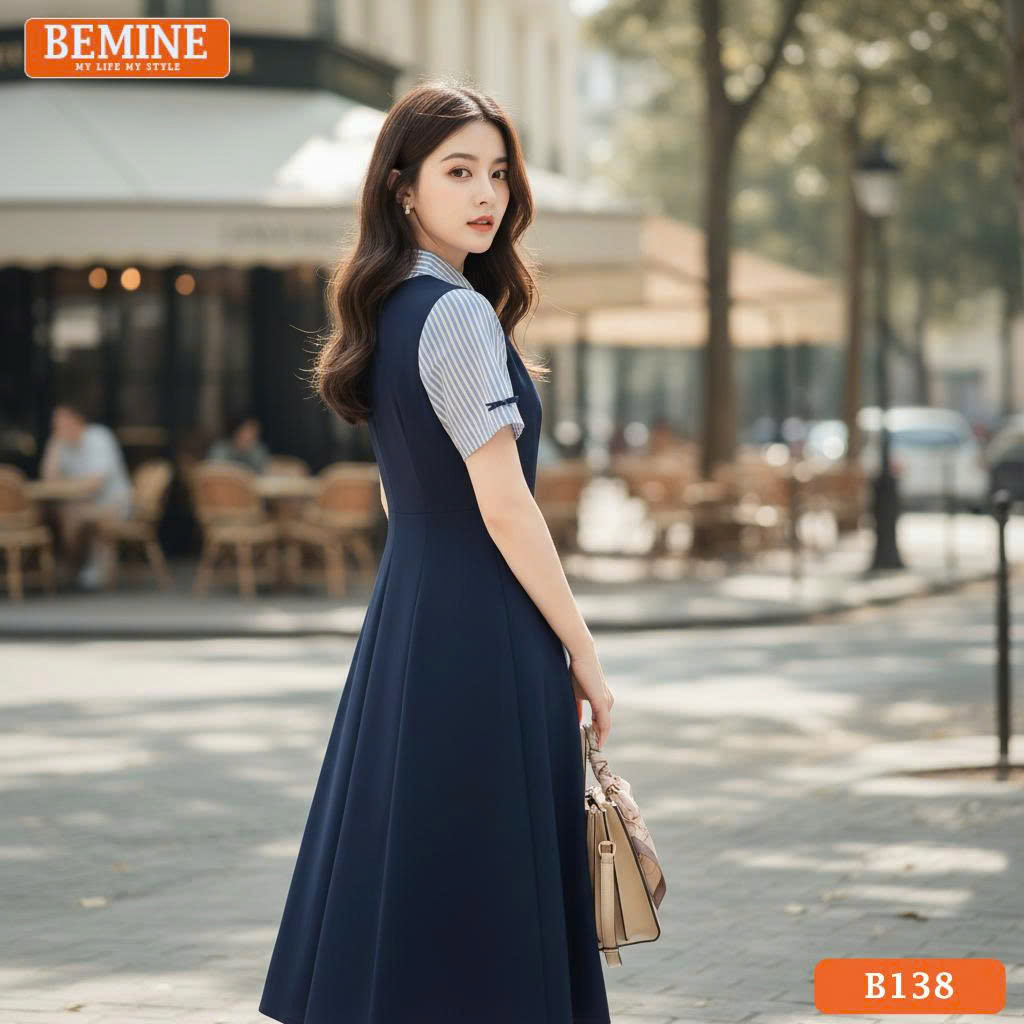 Đầm thiết kế BEMINE cổ sơ mi giả yếm phối B138