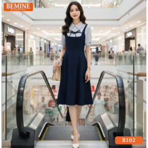 Đầm thiết kế BEMINE cổ sơ mi giả yếm phối sọc nơ B102