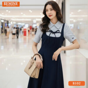 Đầm thiết kế BEMINE cổ sơ mi giả yếm phối sọc nơB102