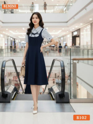 Đầm thiết kế BEMINE cổ sơ mi giả yếm phối sọc nơ B102
