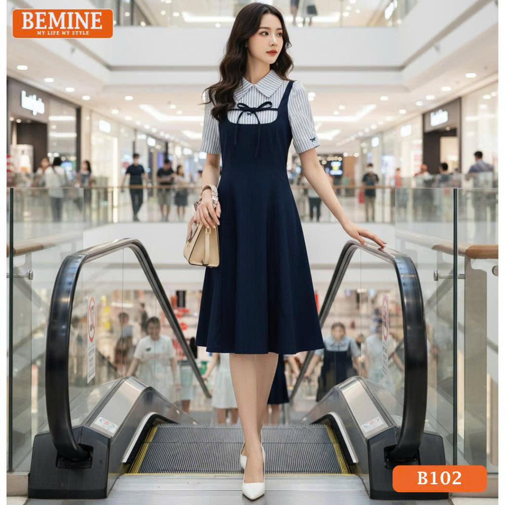 Đầm thiết kế BEMINE cổ sơ mi giả yếm phối sọc nơB102