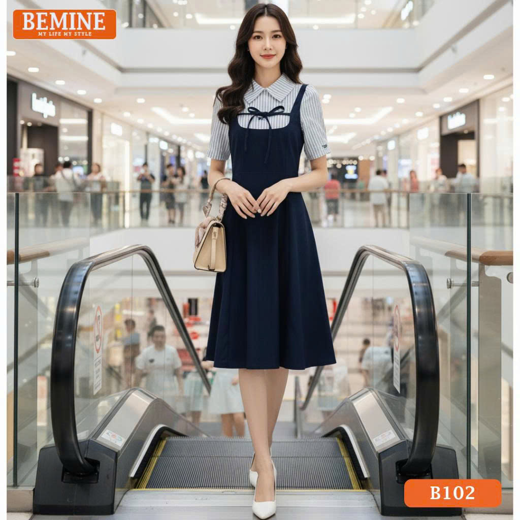 Đầm thiết kế BEMINE cổ sơ mi giả yếm phối sọc nơB102