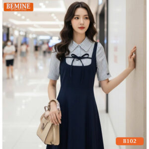 Đầm thiết kế BEMINE cổ sơ mi giả yếm phối sọc nơB102